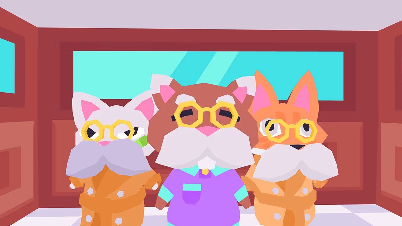 Three dog-like characters wearing golden spectacles stand in a row.