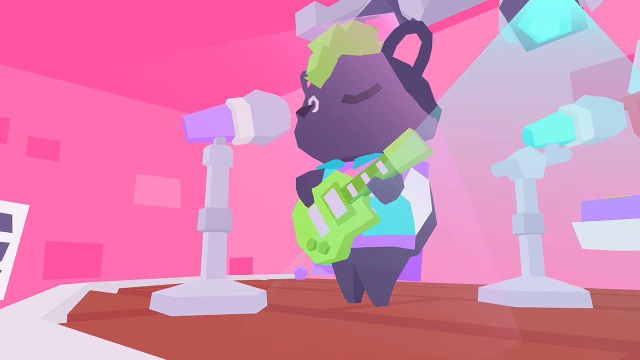 An animal character that resembles a small bear plays a green guitar while standing on a stage with a microphone.