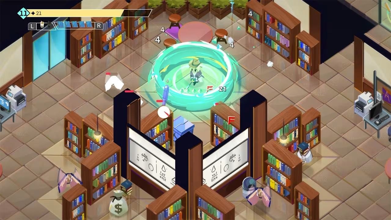 A view of an area with shelves stocked full of books that looks like a library. A guy in a fedora has appeared in a whirling turquoise circle between some of the shelves.