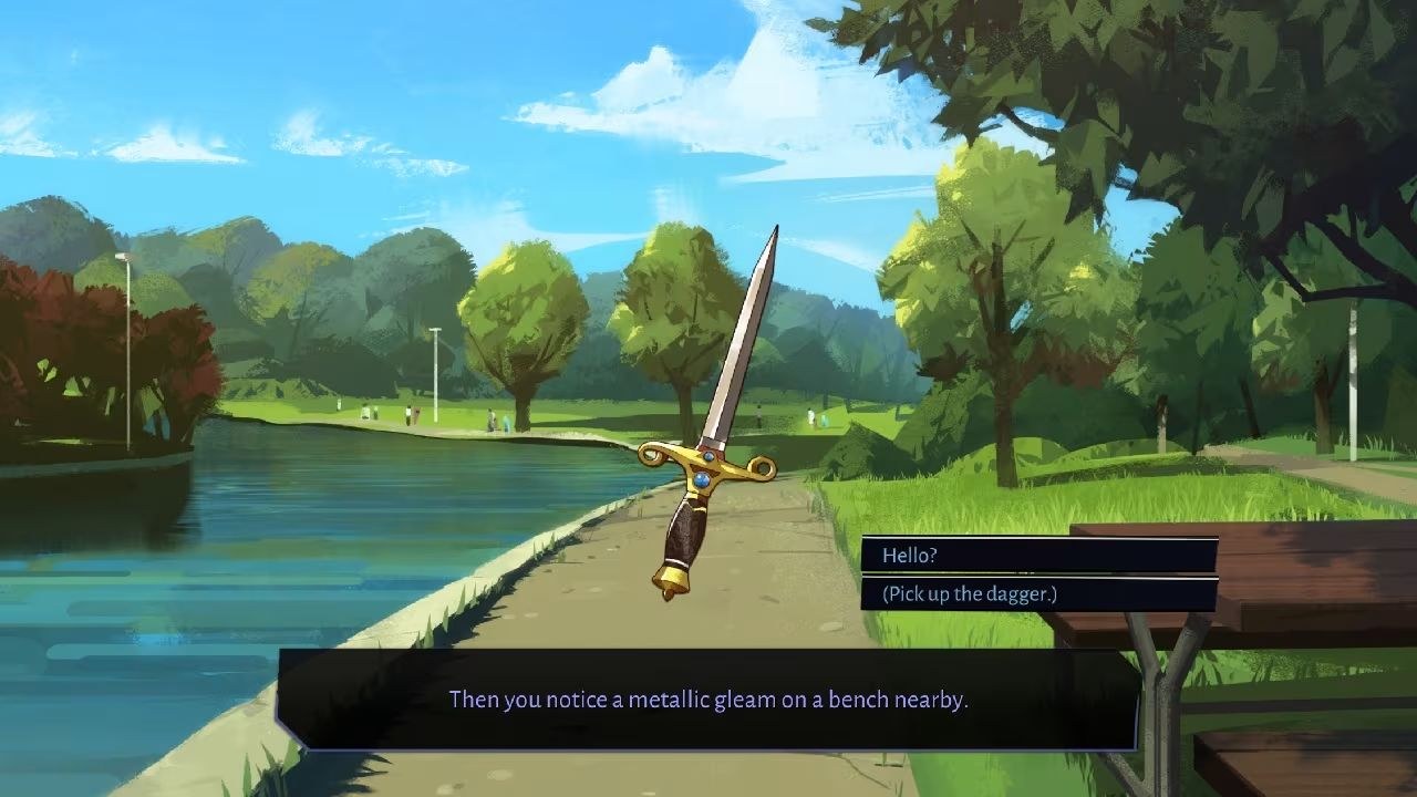 A first-person view of a park setting, with a dagger floating in the air ahead of you, as text notes that you spotted a dagger on a nearby bench.