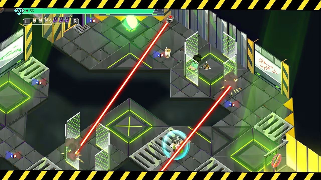 An area with metal tile floors and a wide pit positioned near the center, with red laser beams extending across the gap in places.