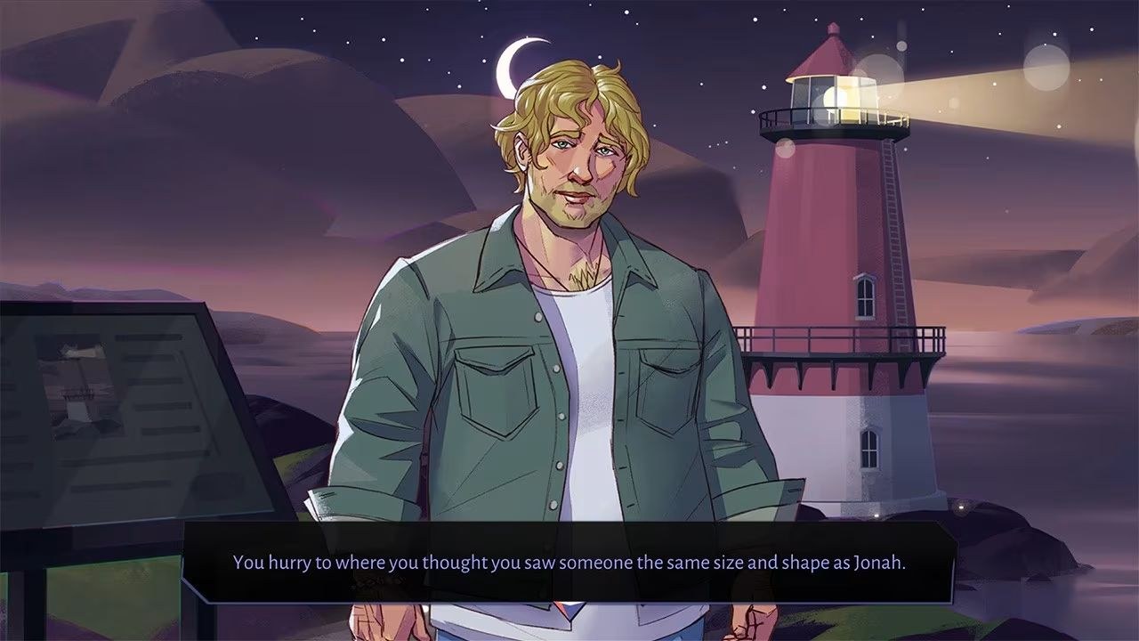 A man stands facing you, wearing a green shirt that is open where it should be buttoned, over a white undershirt. It is night, and a lighthouse stands along the shore behind him.