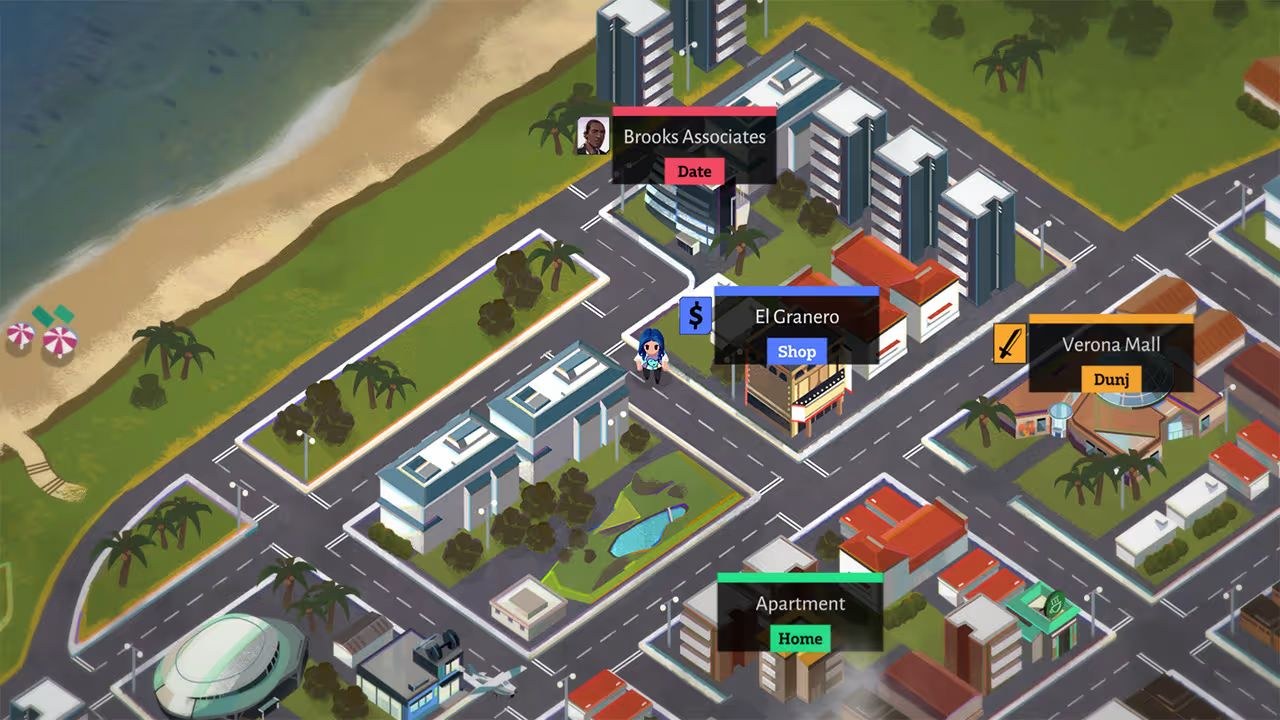 A hub map showing several buildings between some roads near a beach: Brooks Associates, El Granero, Verona Mall, and Apartment.