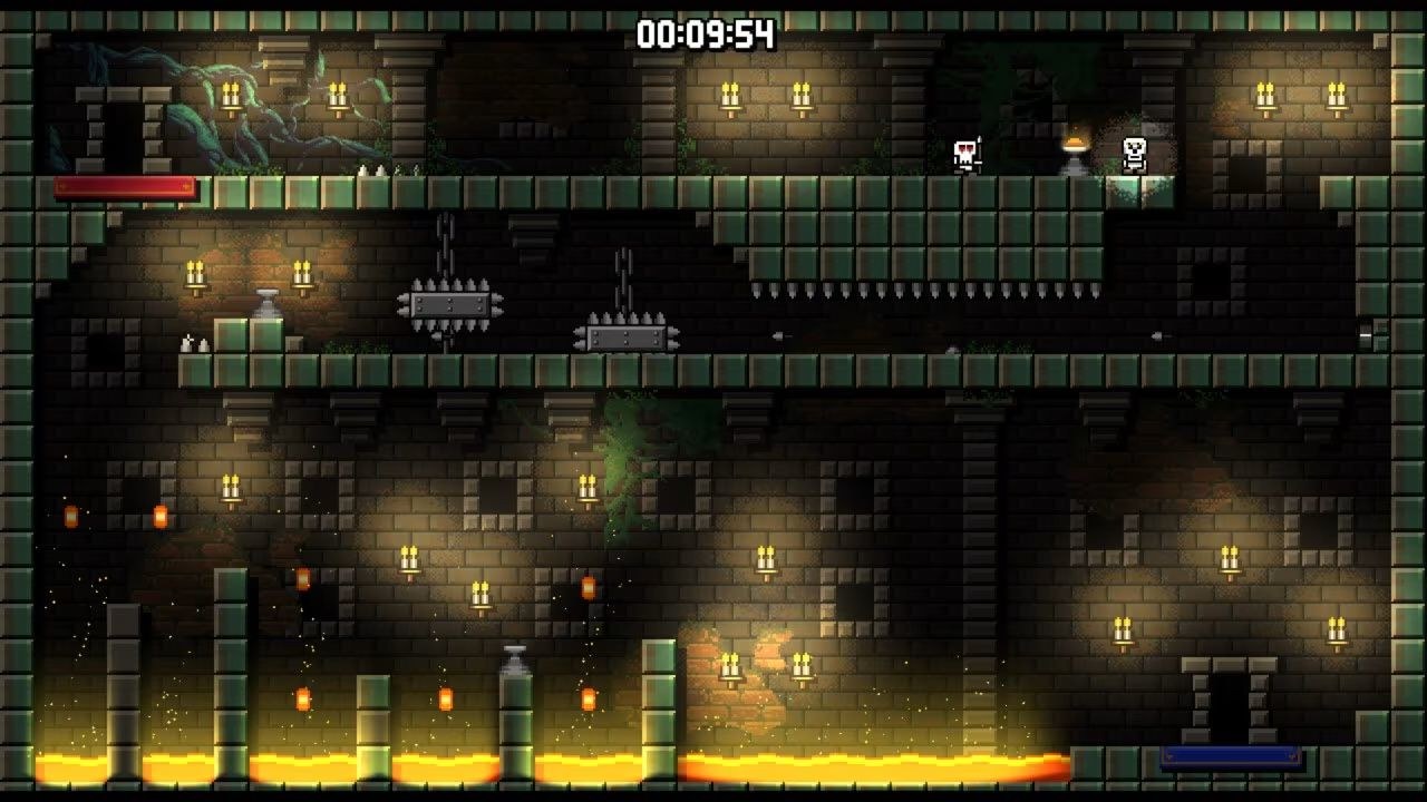 Two skulls stand on a high platform, about to drop through an opening and run through a gauntlet.