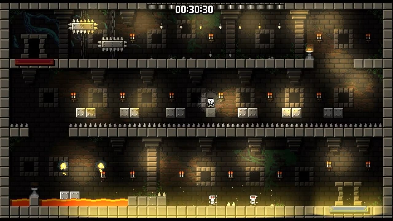 Skulls have reached the bottom of a gauntlet, with an open exit door just to their right.