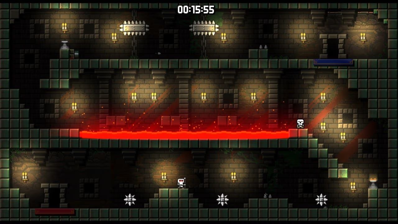 One skeleton stands alogn the right side of a fiery pool of lava, about to drop down to face some spiked orbs.