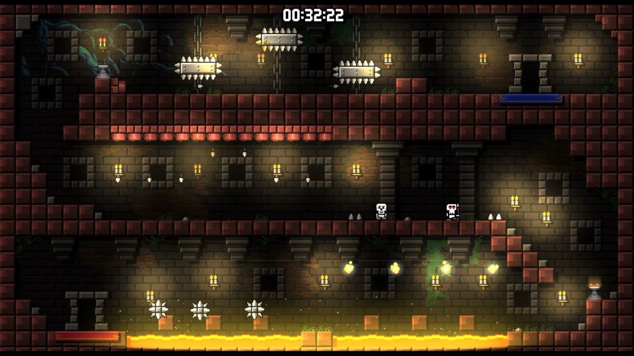 Two skeletons advance along a ledge toward some spikes and a lava pool below them.