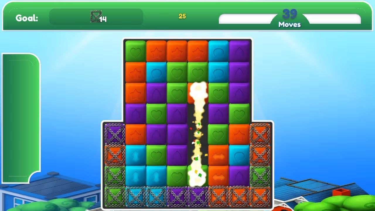 A space for puzzles shows blocks clearing away after a match of three of them.
