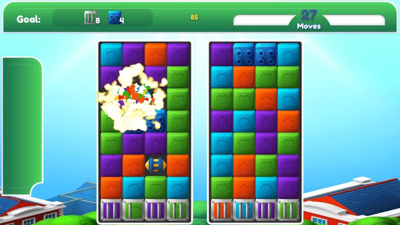 Two panels each contain blocks colored red, blue, green, and purple, and some are disintegrating in the left panel.