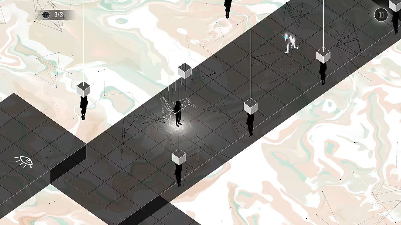 A black figure stands on a slate walkway, light crackling around them as a white figure approaches.
