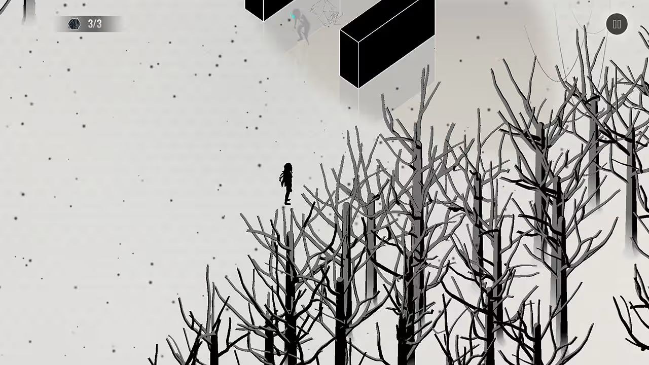 A silhouette stands near the edge of a snowy field, just past rows of skeletal trees.