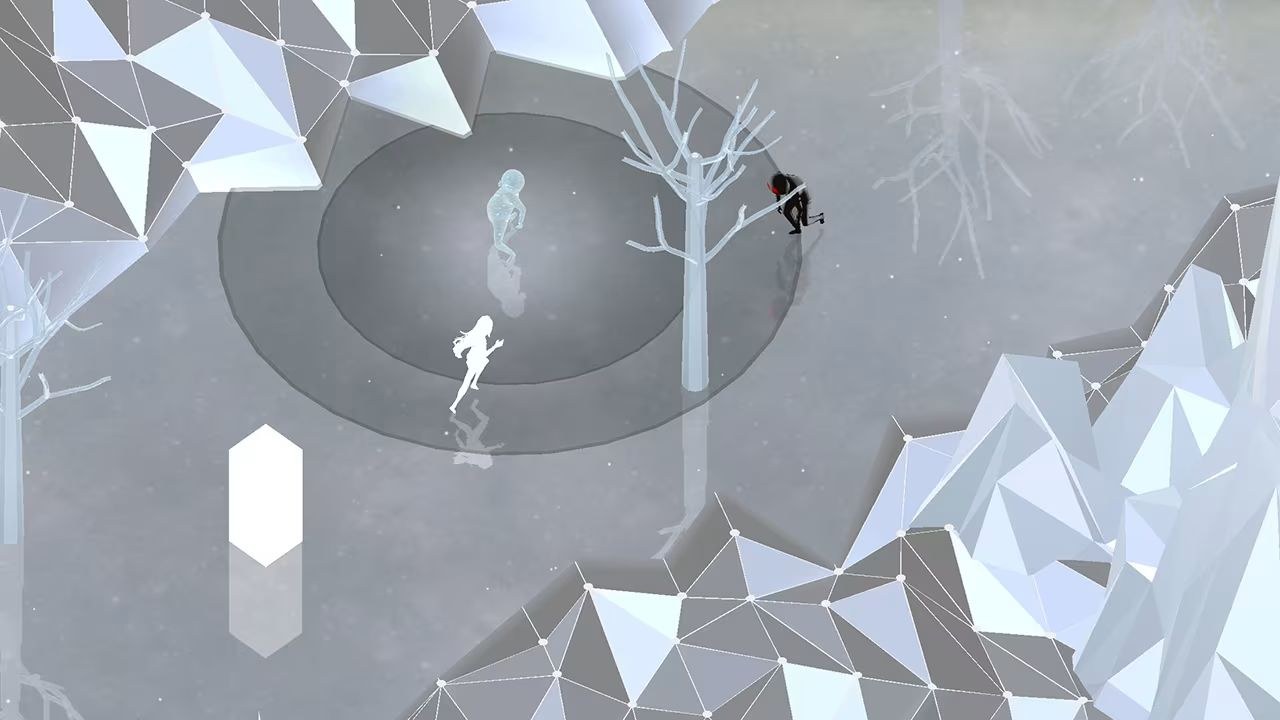 The white outline of a character runs along a circular pattern in a polished walkway, toward a black silhouette.