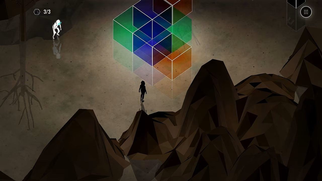 In a cave, a black figure stares toward multi-colored blocks while a white figure watches from their left.