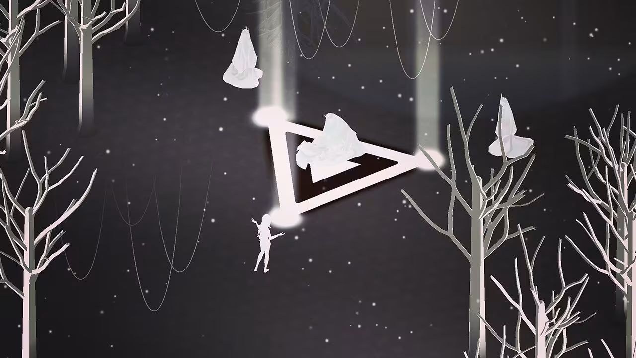 A white character outline stands ahead of a triangle shape in a space that looks like a snowy clearing.
