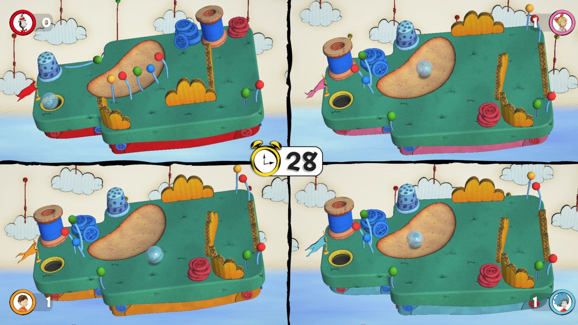 The screen is split four ways, with large marbles that must be rolled into a hole on the left side of the space.