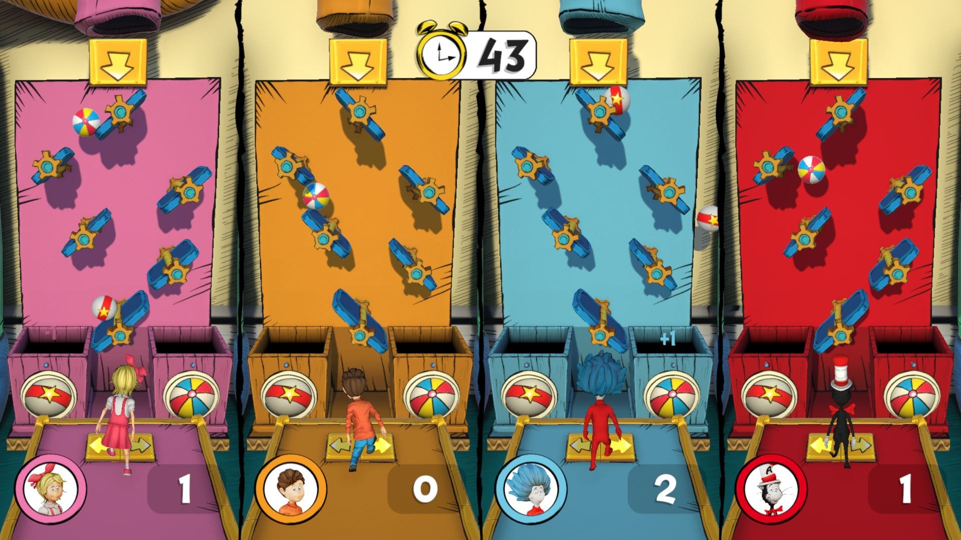 Four verticle slices of screen show beach balls descending along tilting platforms the players move by stepping on arrows at their feet.