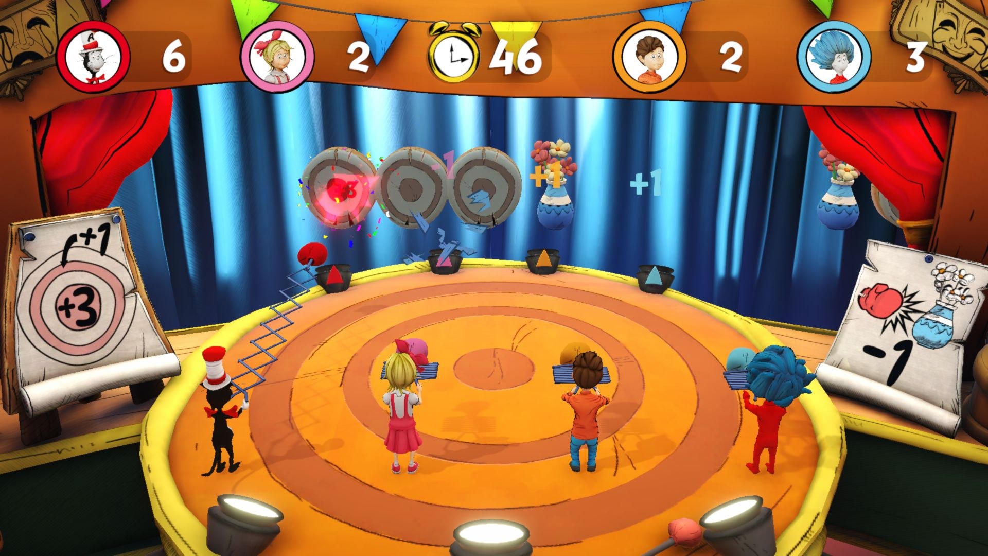 Players stand on a circular board shaped like a target, with spring-loaded boxing gloves they use to punch distant targets.