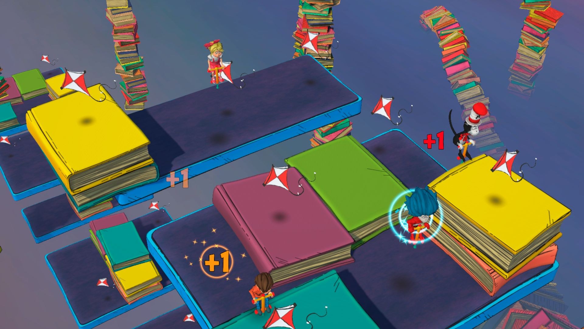 The players move about on stacks of oversized books, while interacting with diamond-shaped kits colored red and white.