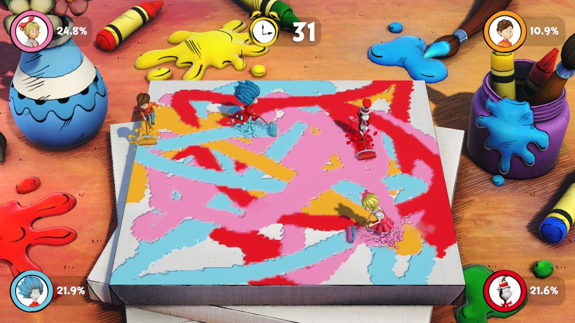 Equipped with paint rollers, the players try to paint over more of the area than their opponents to claim the most parchment for themselves.