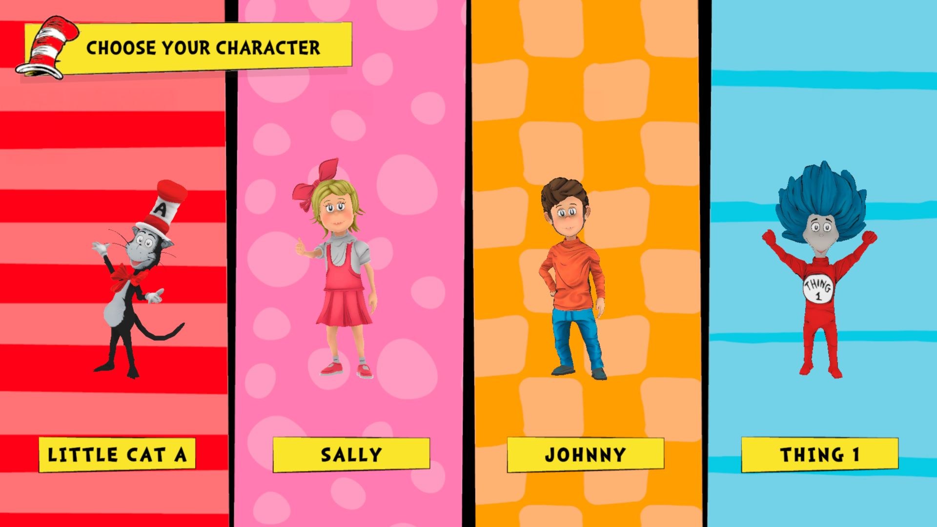 The player selection screen shows several characters: Little Cat A, Sally, Johnny, and Thing 1.