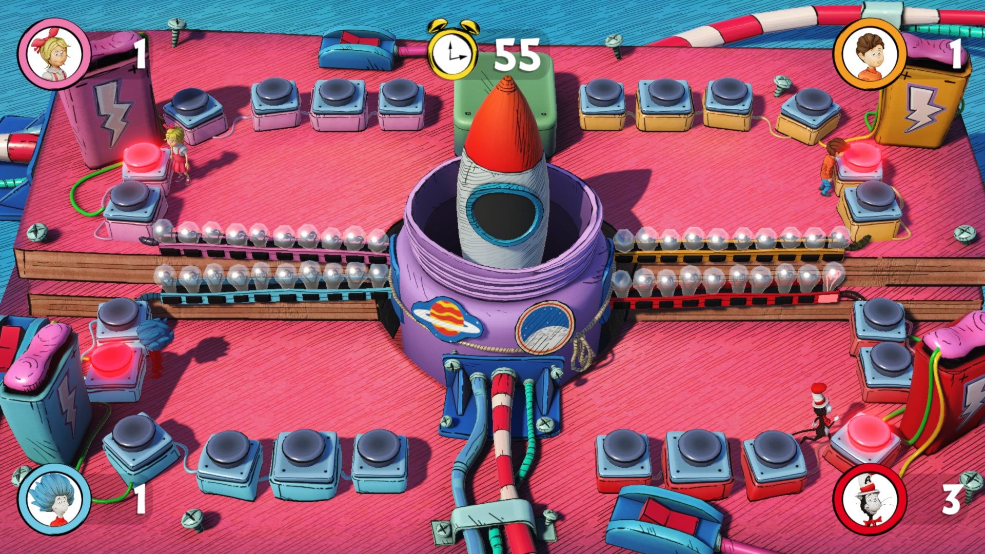 Players run around a screen, pressing buttons in an apparent attempt to launch a rocket from the container at the center.