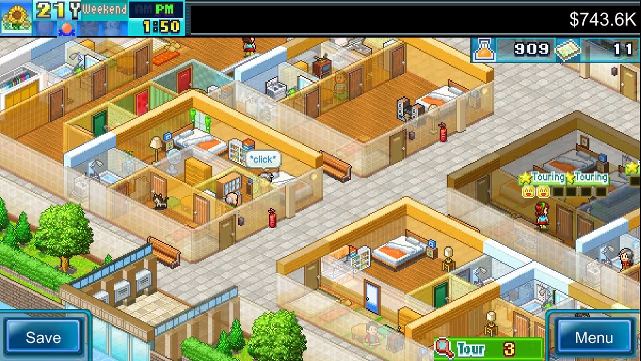 A view of the rooms in the apartment complex from afar, with a cat wandering through one of them.