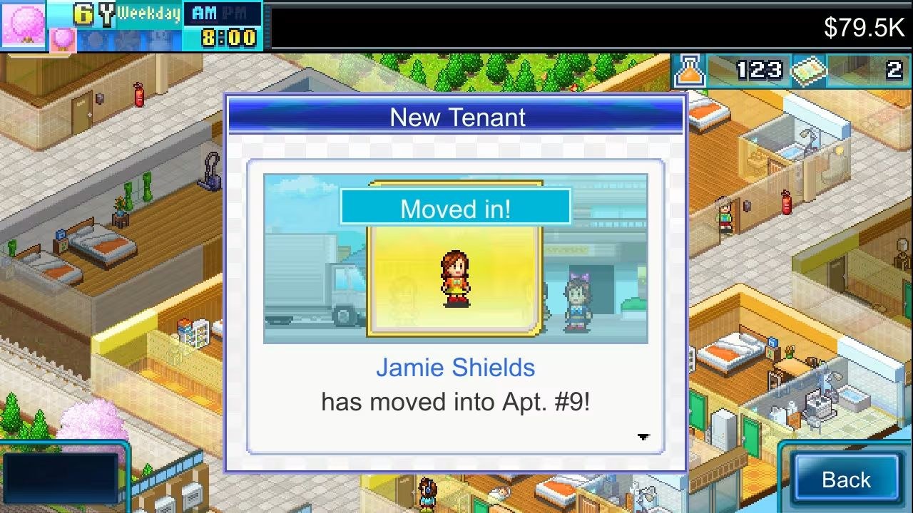 An in-game announcement lets the player know that Jamie Shields has moved into apartment nine.