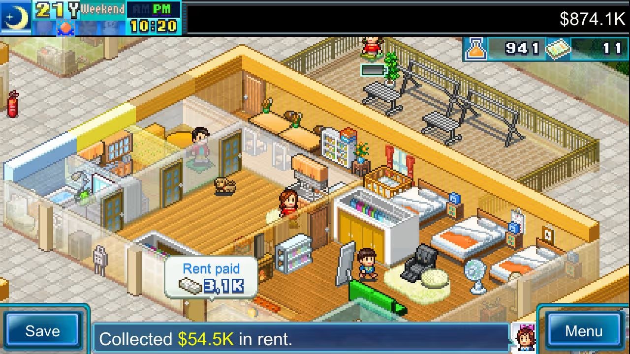 A notice appears on-screen to advise that rent has been paid and also collected, while characters move around an apartment unit.