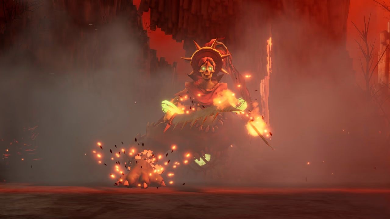 An apparition floats ahead, flames and red light surrounding it as its skeletal face grins.
