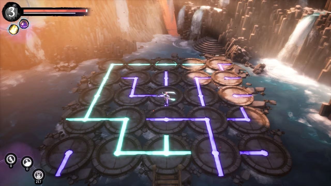 The hero crosses a field of circular plates with lines of green and purple light extending across many of them, an apparent puzzle.