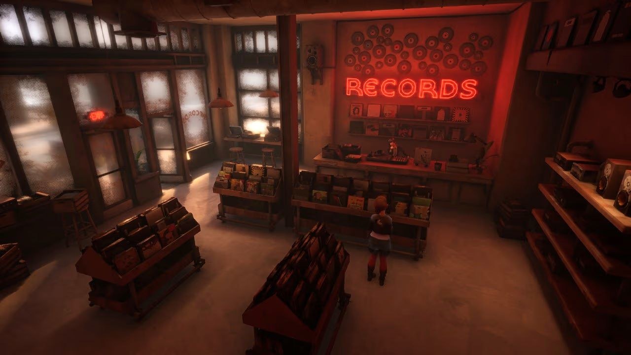 The hero visits a sparse record store with dim neon lighting and a bored clerk behind the counter that lines the far wall.
