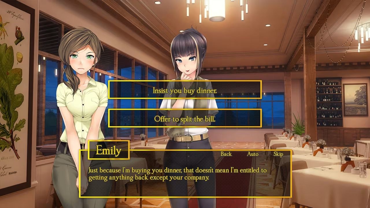 Emily insists on buying Miley dinner and promises she doesn't feel she is entitled to anything in exchange.