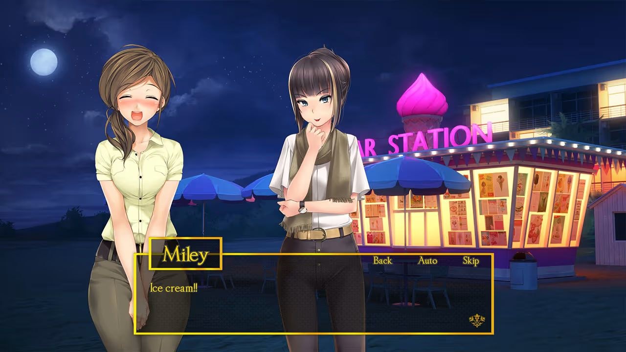 Miley is pleased at the notion of ice cream, and Emily is watching in quiet amusement.