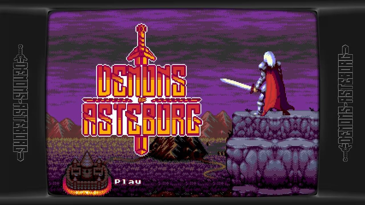 In a retro-style title screen, the hero stands on a high ledge, overlooking a prairie and a mountain fortress.