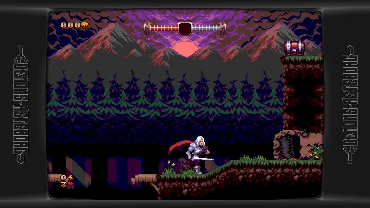 The sword-carrying hero heads along a grassy ledge toward a cliff ahead of him.