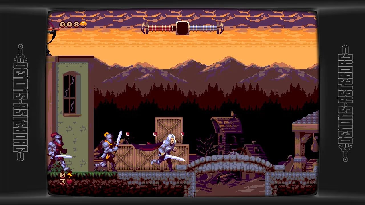The hero runs toward a stone bridge with two armored men following after him, swords also drawn.