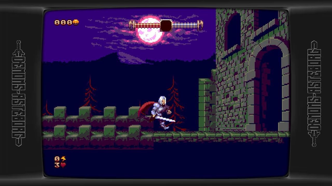 The hero heads toward an open archway along the edge of a castle as a crimson-rimmed moon shines in the night sky overhead.