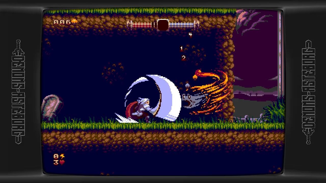 The hero unleashes a powerful attack that strikes against a gray enemy whirling along the edge of a cyclone of fire.