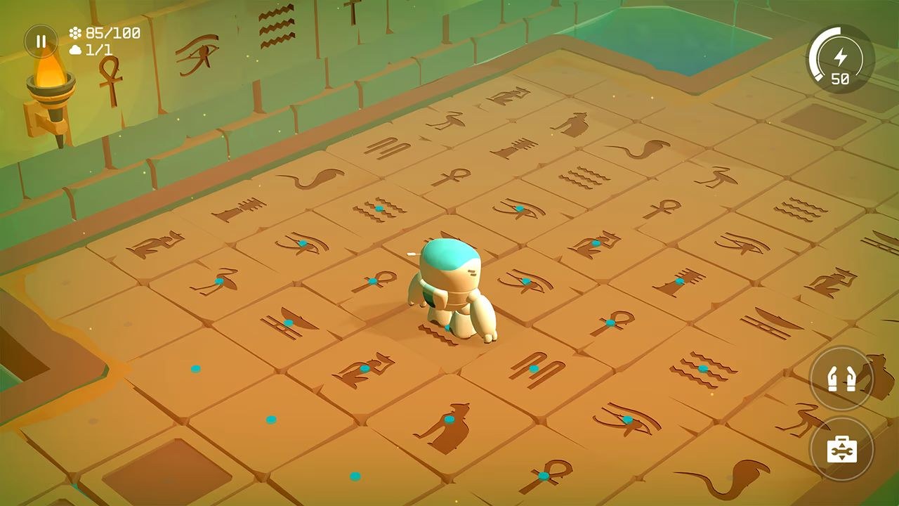 A figure stands on hieroglyphic tiles in an apparent tomb.