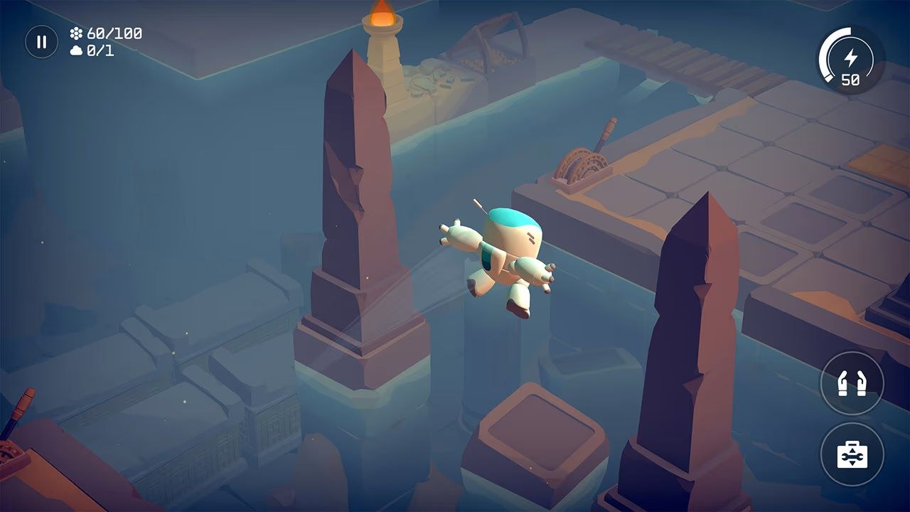 The character flies over waterlogged, crumbling ruins, toward a distant ledge.