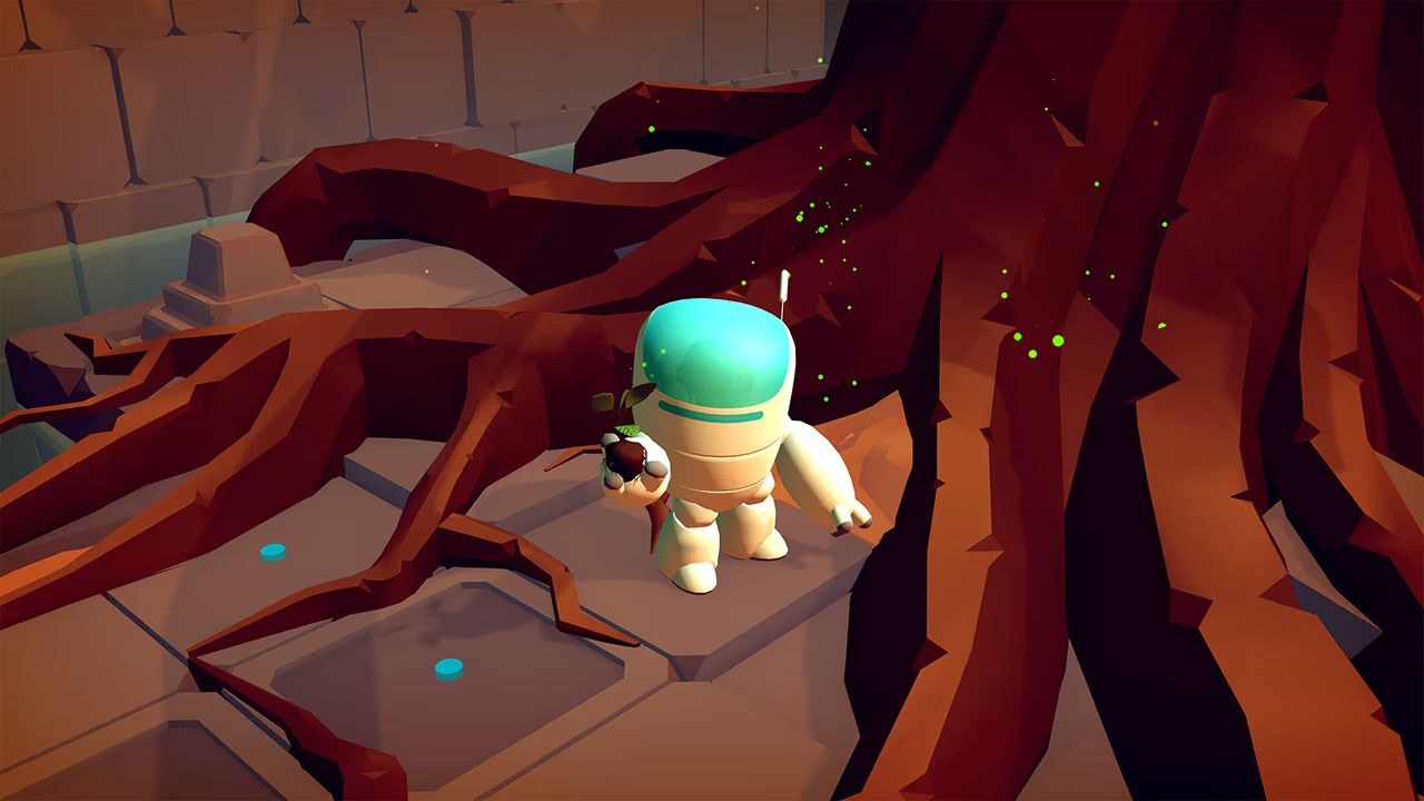 The hero stands among the roots of an enormous tree.