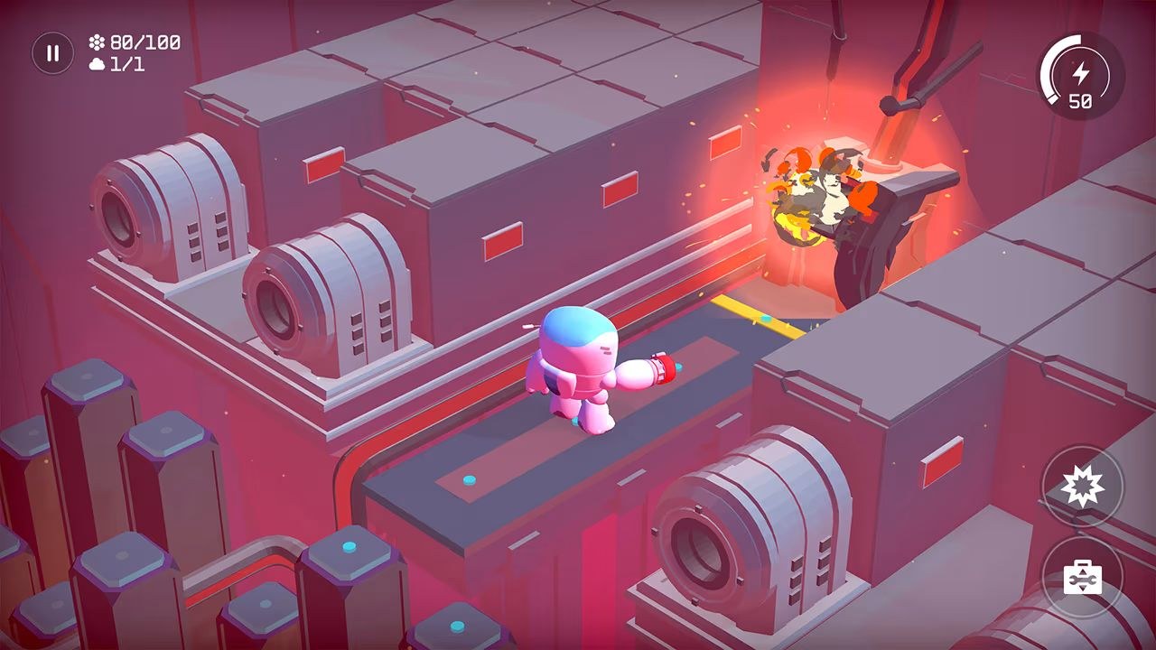 The character moves along a ledge, toward a strange object with a red glow.