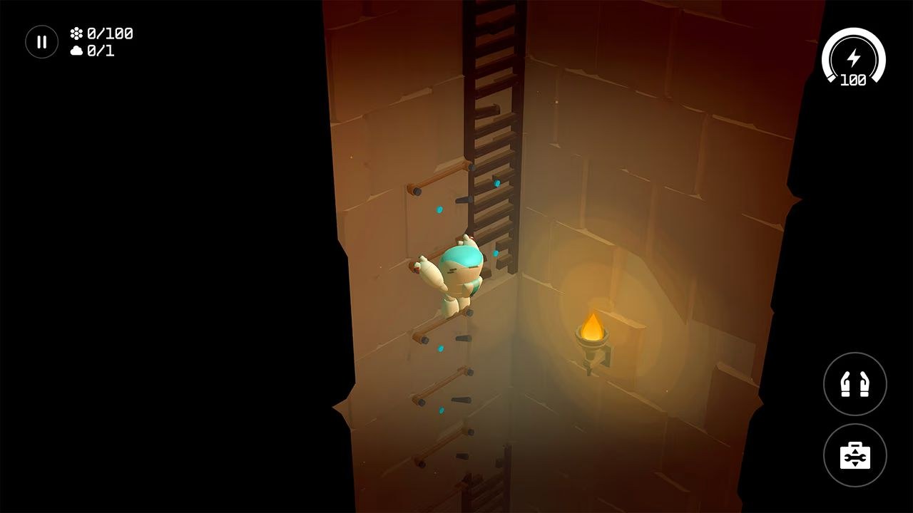 The hero climbs along ladder rungs that are positioned on one stone wall in a shaft, with a torch flickering along the wall to the right.