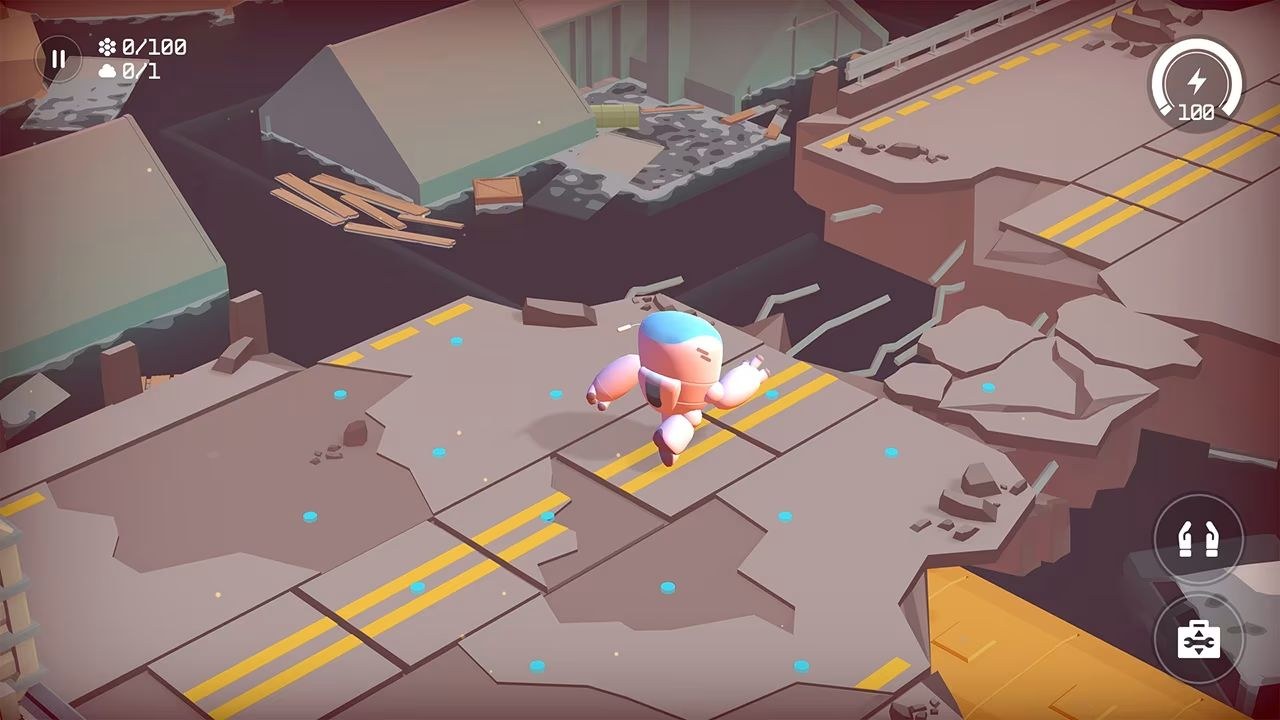 The hero springs forward along a crumbling, ruined highway, toward rebar extending partway across a gap before the next block of highway.