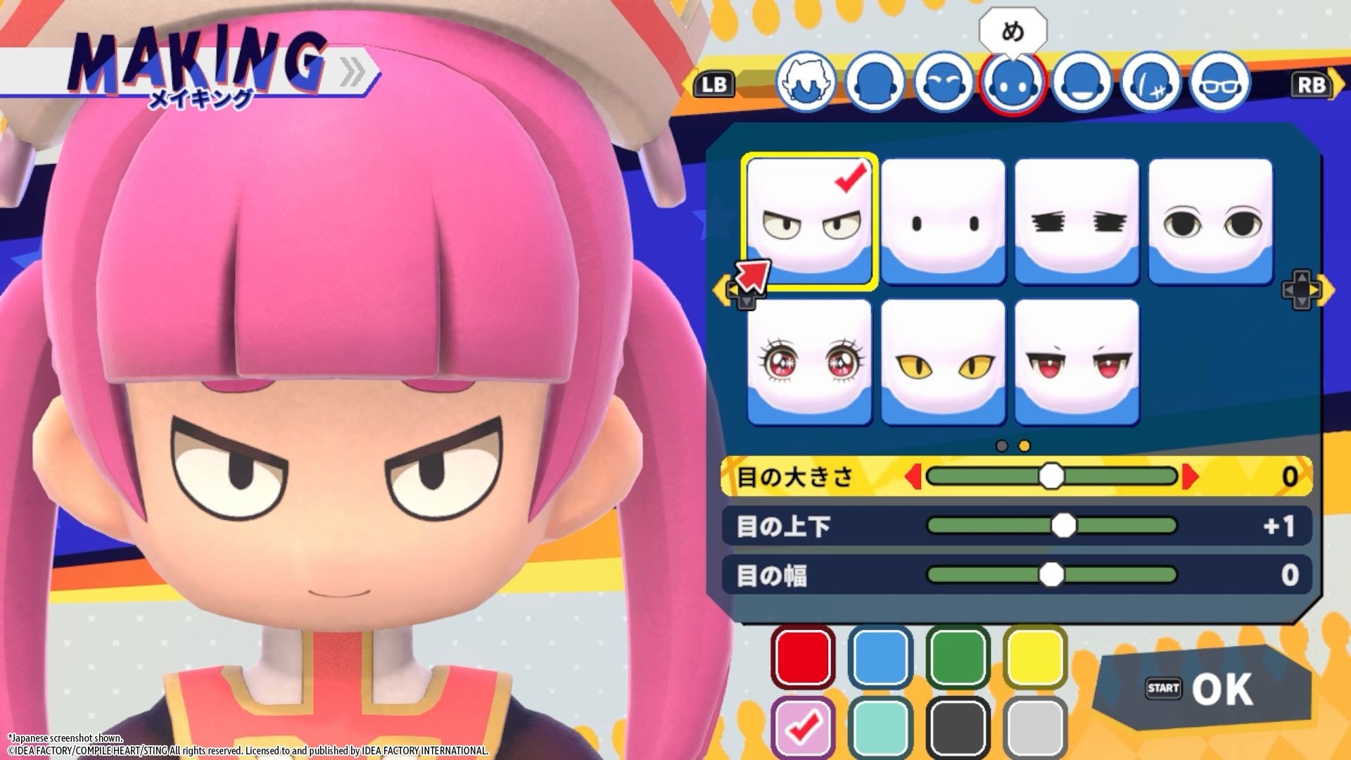 The character creation screen shows the player character with devious eyes and pink hair, with options to choose other expressions and colors.