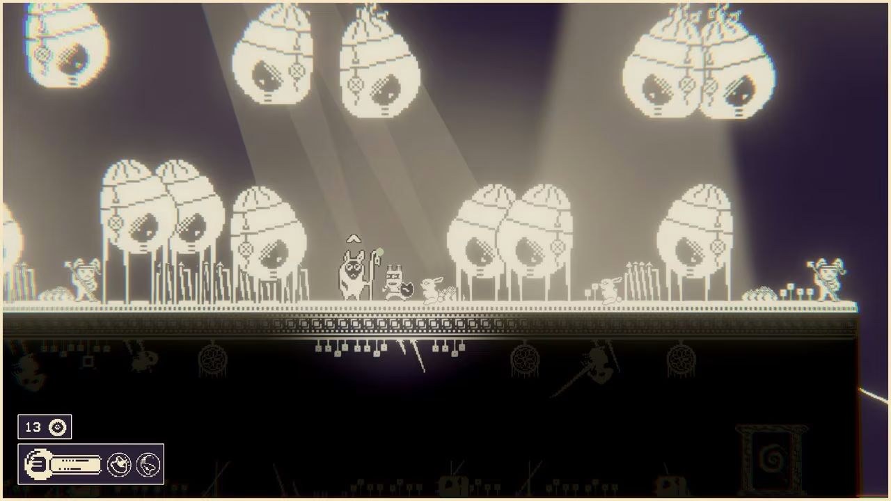 Characters meet in a world of black and white. One of them is a dog-like creature holding a staff.