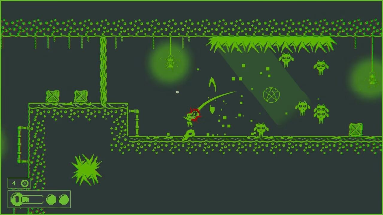 The hero jumps through a retro green environment, while ahead, enemies drift beneath an apparent mass of spikes on the ceiling.