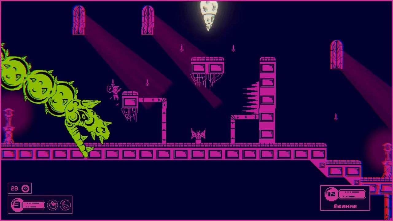 A giant dragon head extends from the left side of the screen, while the hero leaps along purple ledges just past it.