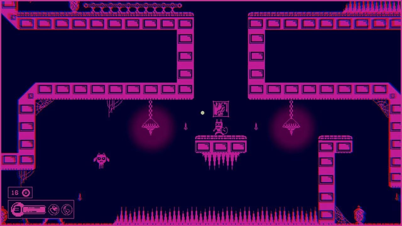 The hero stands on a platform that hangs in the air over a bed of spikes in a purple corridor.