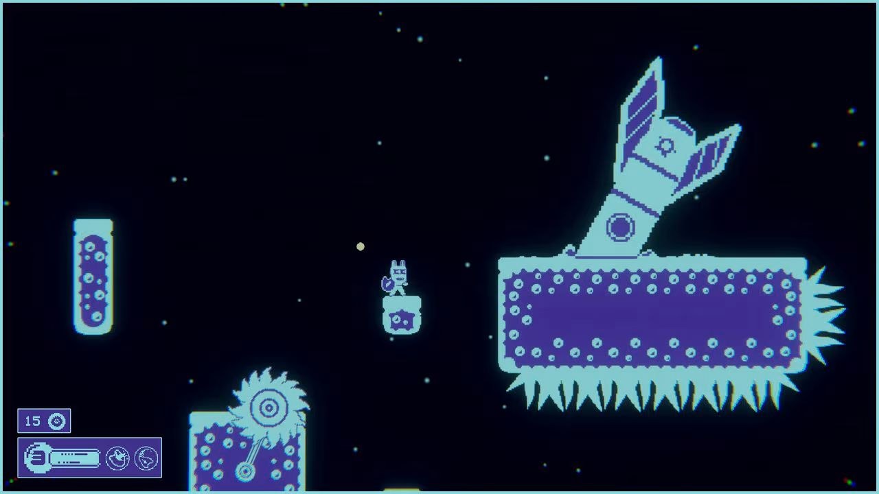 The hero stands on a narrow ledge, ahead of a nearby platform where a rocket ship has crash landed and become buried in the soil.